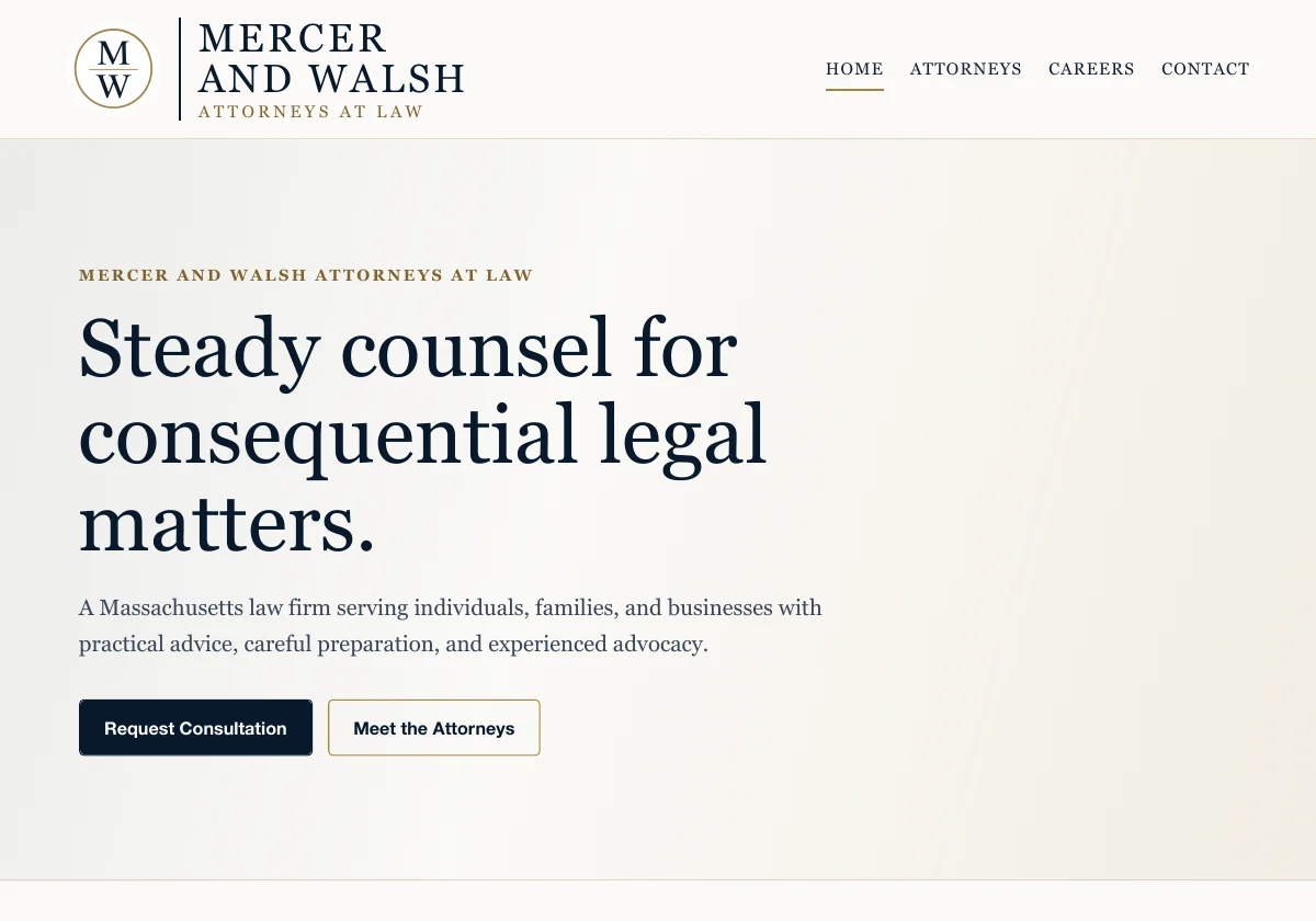 Legal services website with refined serif typography and a restrained cream and navy palette